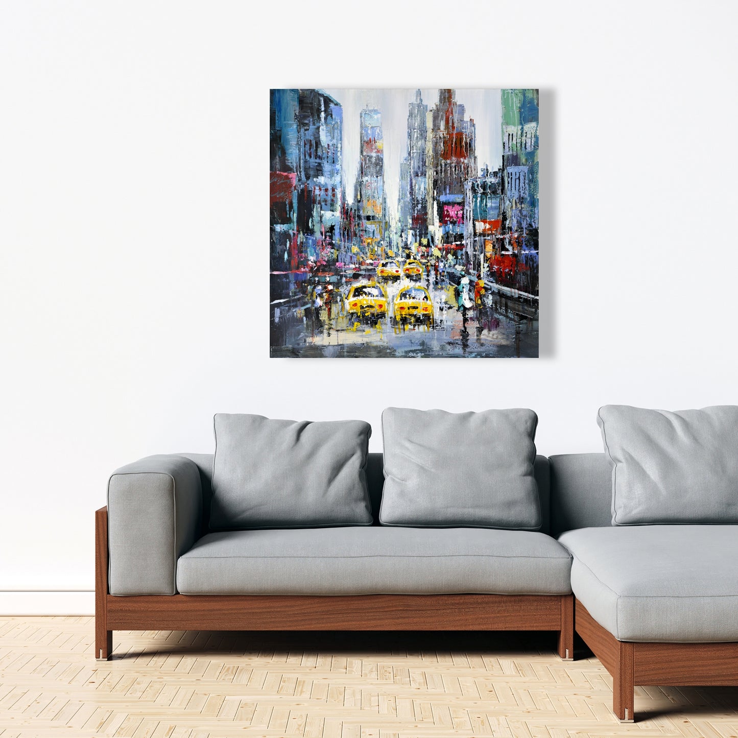 Contemporary Building Blue Canvas | Urban Scene with Yellow Taxis
