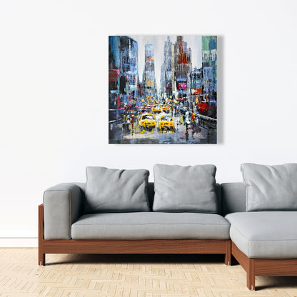 Contemporary Building Blue Canvas | Urban Scene with Yellow Taxis