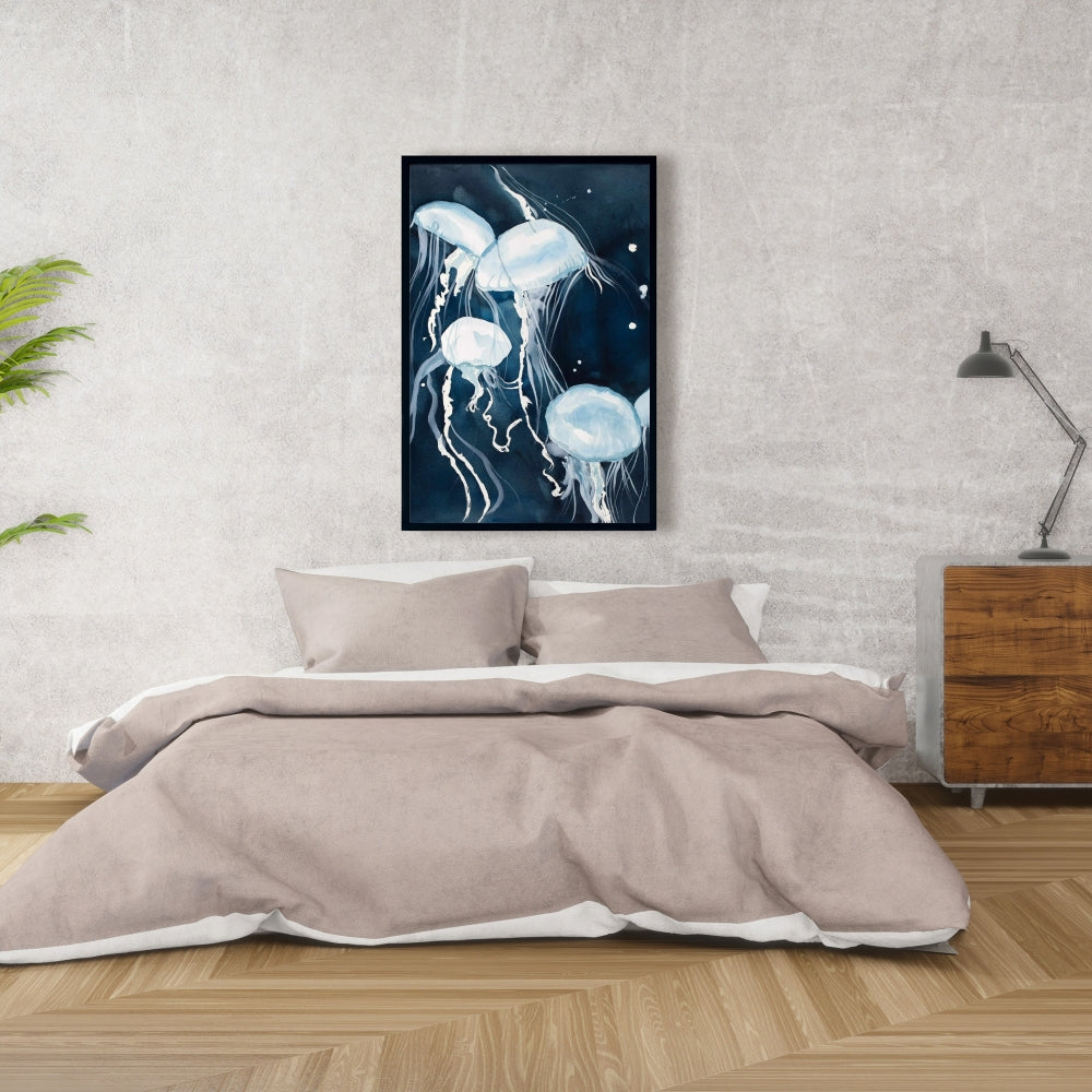 Toile décorative encadrée bleue représentant les animaux de la chambre de Méduse