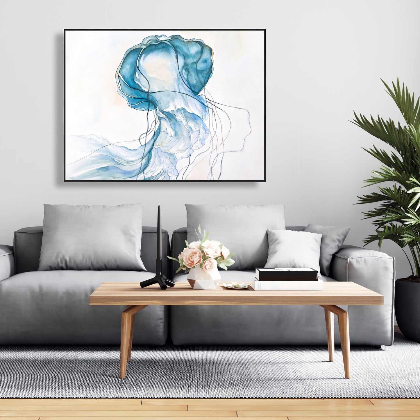 Toile encadrée bleue représentant une méduse en mouvement | Décoration de chambre animalière