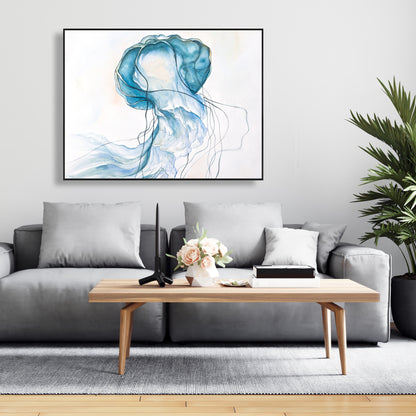 Toile encadrée bleue représentant une méduse en mouvement | Décoration de chambre animalière