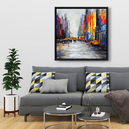 Blue Building Bedroom Canvas | Color Spotted Street with Taxis