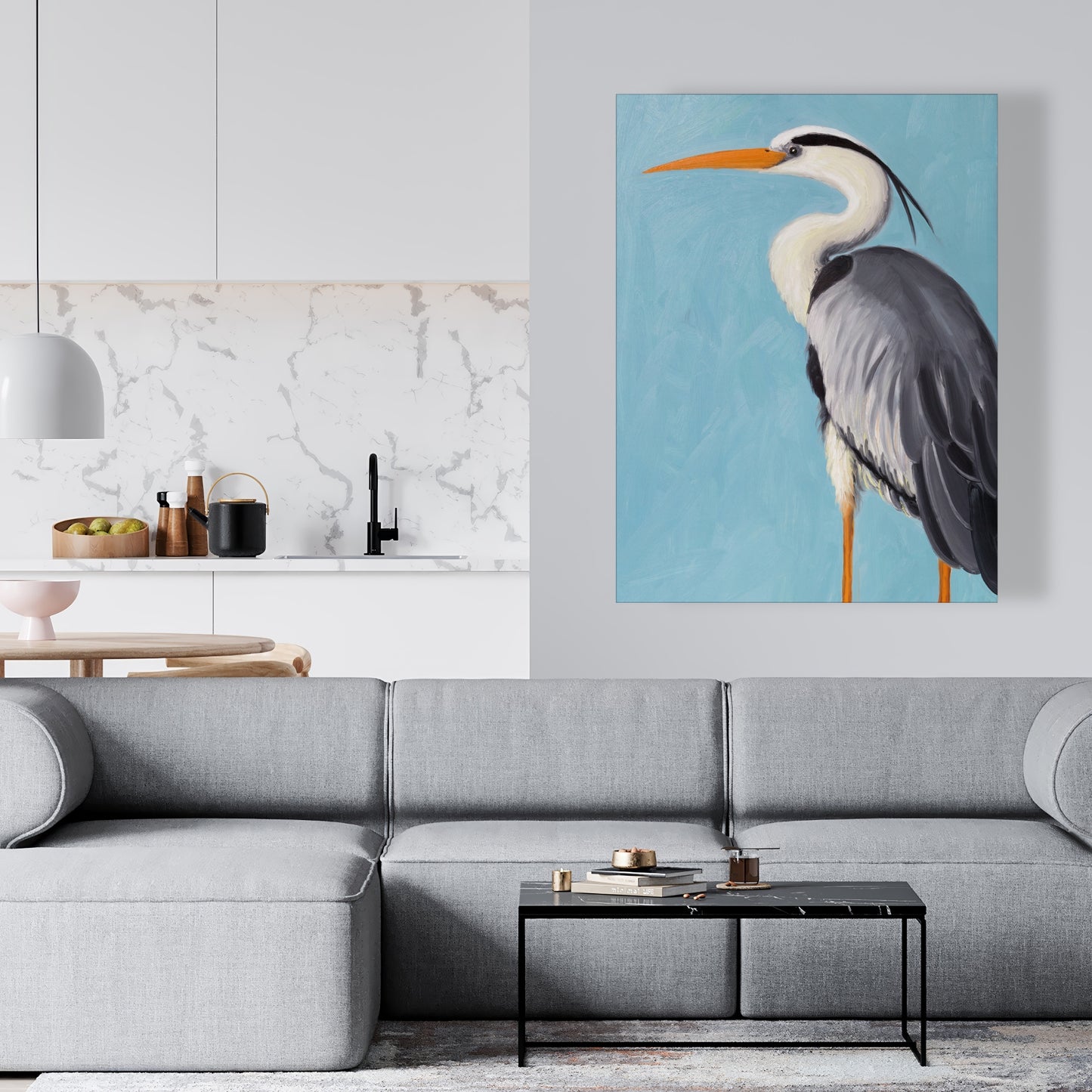 Toile bleu marine Héron cendré | Décoration murale