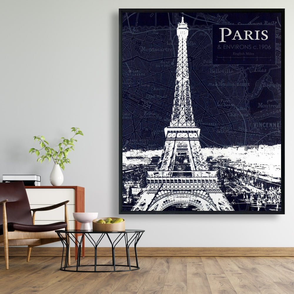 Toile encadrée Plan de Paris et Tour Eiffel - Décoration d'intérieur