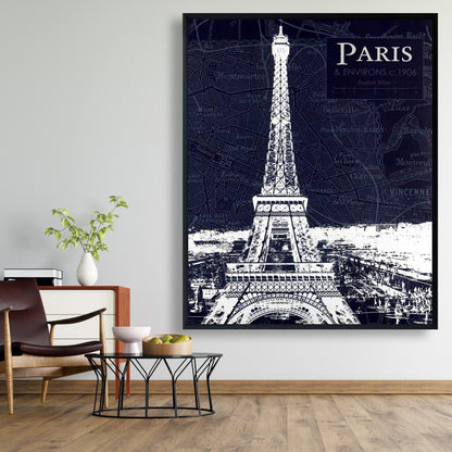 Toile encadrée Plan de Paris et Tour Eiffel - Décoration d'intérieur