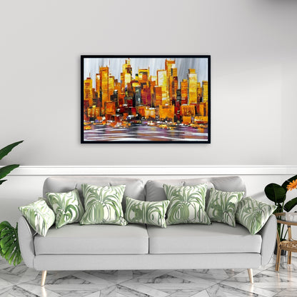 Orange Buildings Framed Canvas | Modern Bedroom Wall Decor