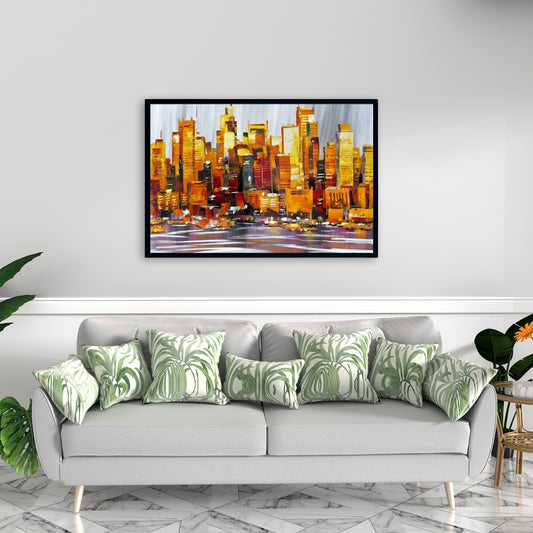 Orange Buildings Framed Canvas | Modern Bedroom Wall Decor