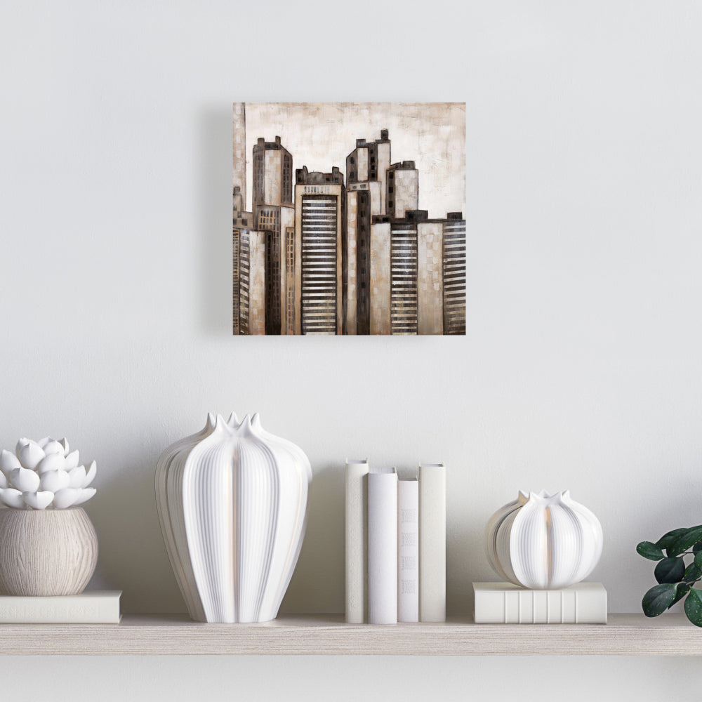 Toile moderne marron « Villes » | Décoration d'intérieur à rayures et gratte-ciels