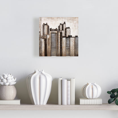Toile moderne marron « Villes » | Décoration d'intérieur à rayures et gratte-ciels