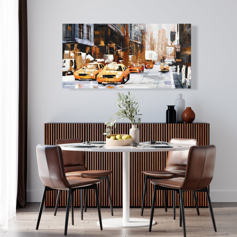 Big City Street Canvas with Yellow Taxi - Brown Bedroom Decor