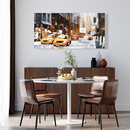Big City Street Canvas with Yellow Taxi - Brown Bedroom Decor
