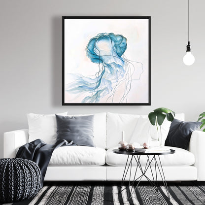 Toile encadrée bleue représentant une méduse en mouvement | Décoration de chambre animalière