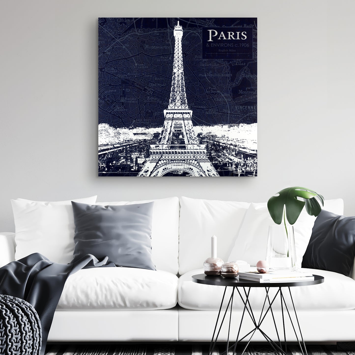 Paris Blueprint & Eiffel Tower Canvas - Blue Bedroom Decor