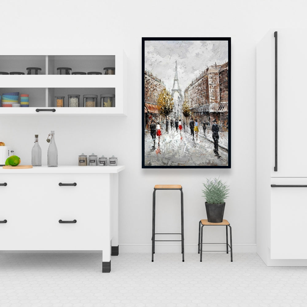 Toile encadrée représentant une rue animée de Paris – Bâtiment brun