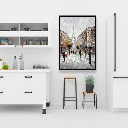 Toile encadrée représentant une rue animée de Paris – Bâtiment brun