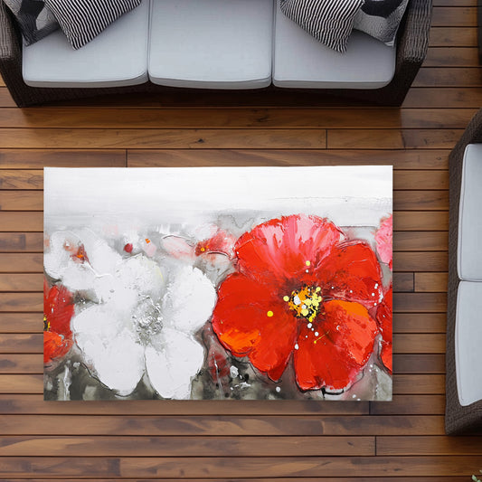 Gray Field with Red Flowers - Romantic Floral Outdoor Rug