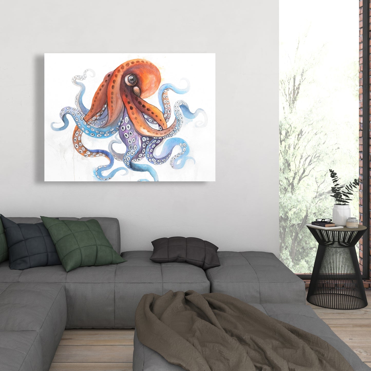 Toile bleue amusante et colorée avec pieuvre | Décoration aquatique