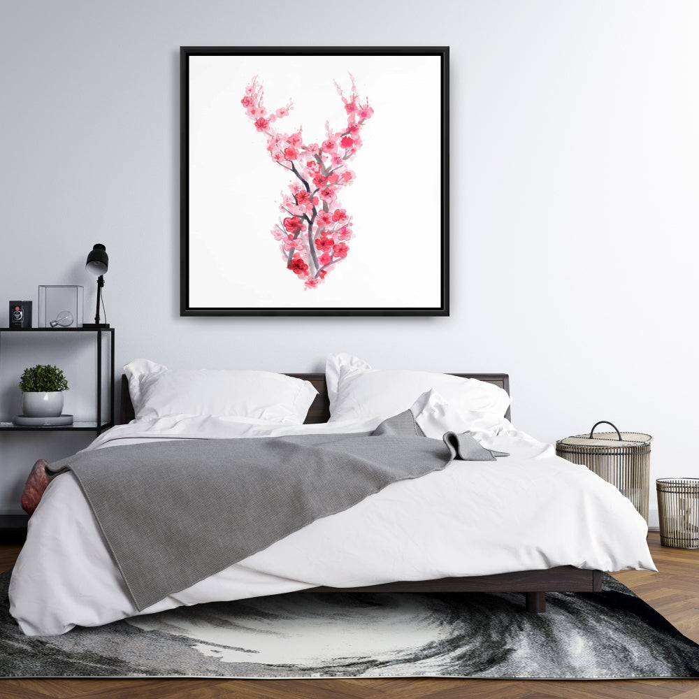 Toile rose « Cerf en fleurs de cerisier » | Décoration murale pour chambre