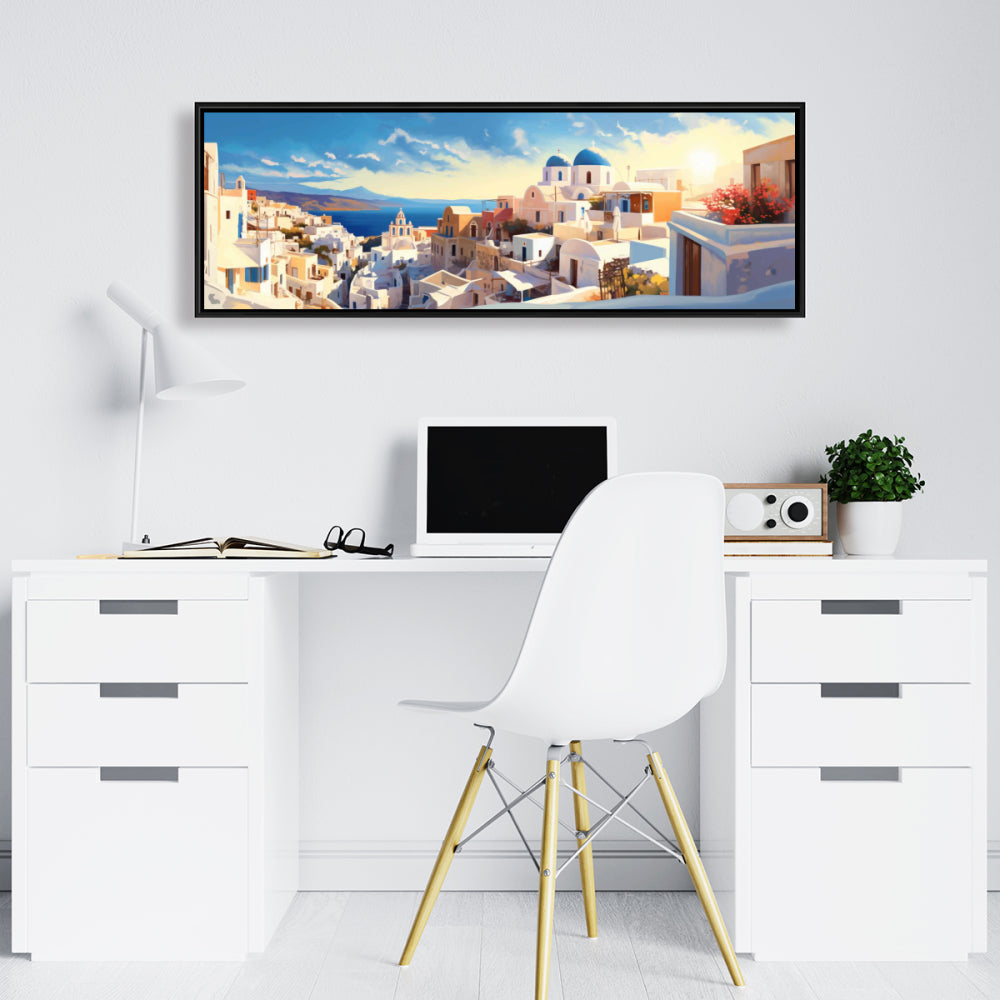 Toile encadrée « Vue panoramique de Santorin » - Décoration d'intérieur côtière