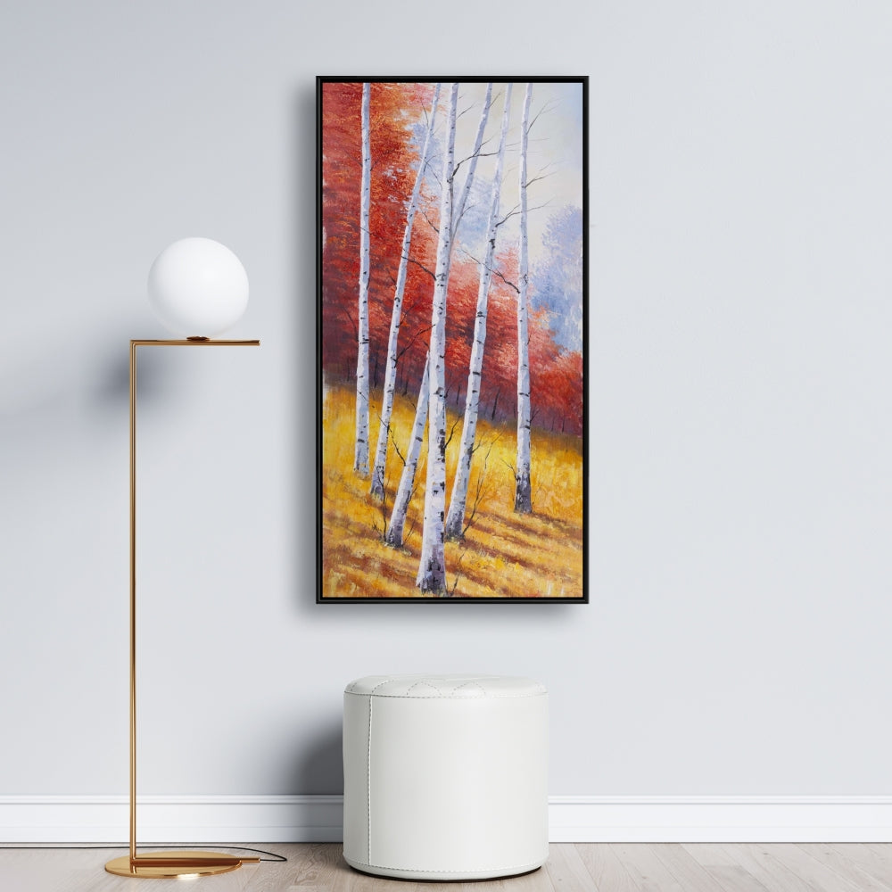 Paysage d'automne avec bouleaux - Toile encadrée pour chambre jaune