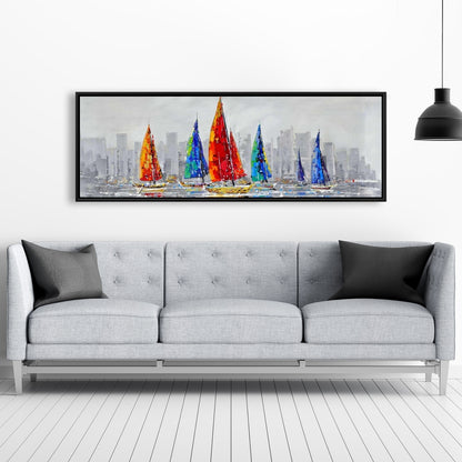 Toile Bateaux colorés | Décoration contemporaine avec cadre bleu