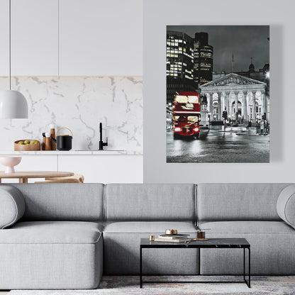 Toile de chambre à coucher « Bâtiment gris » | Panthéon en niveaux de gris, décor de bus rouge