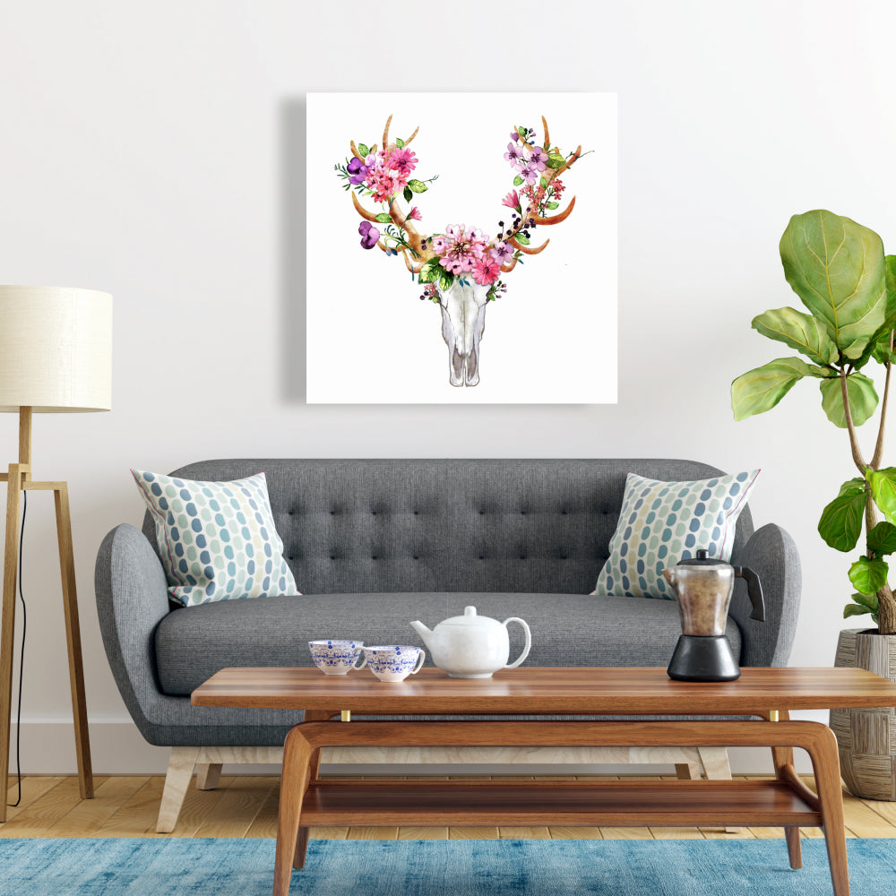 Rustic Deer Skull with Flowers | White Canvas Wall Art Decor