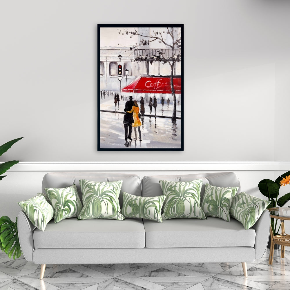 Couple marchant dans la rue sur toile bleue | Décoration murale pour chambre