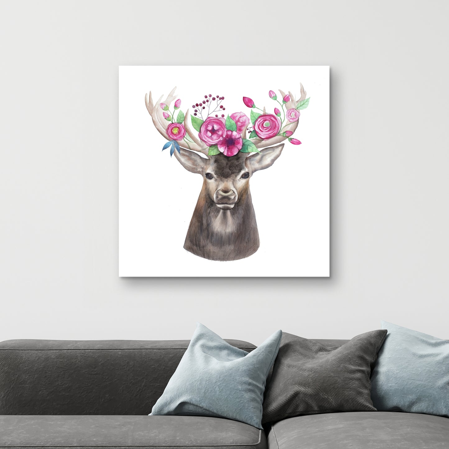 Toile romantique « Cerf brun » – Décor tête de cerf avec fleurs