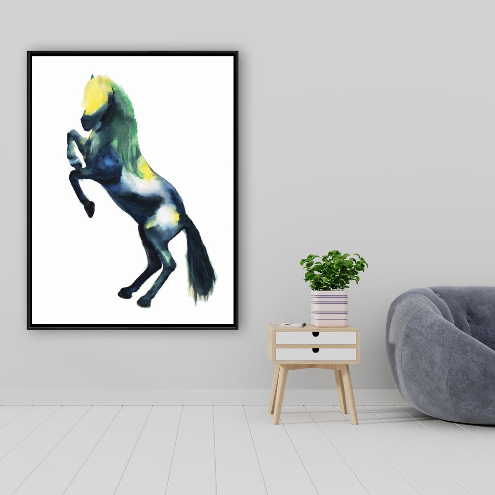 Toile encadrée représentant un cheval bleu et des animaux de la ferme, décoration d'intérieur