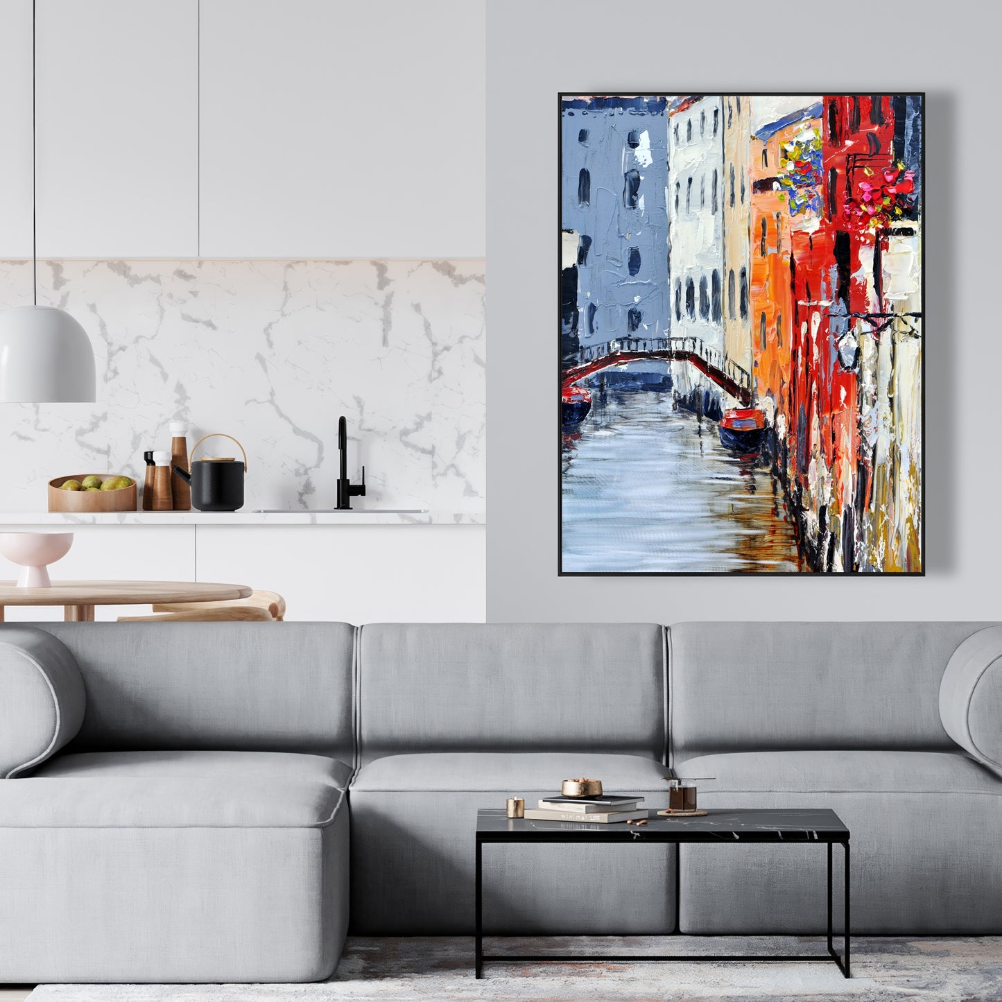 Toile encadrée représentant le Grand Canal de Venise, une chambre à coucher, un bateau et des villes