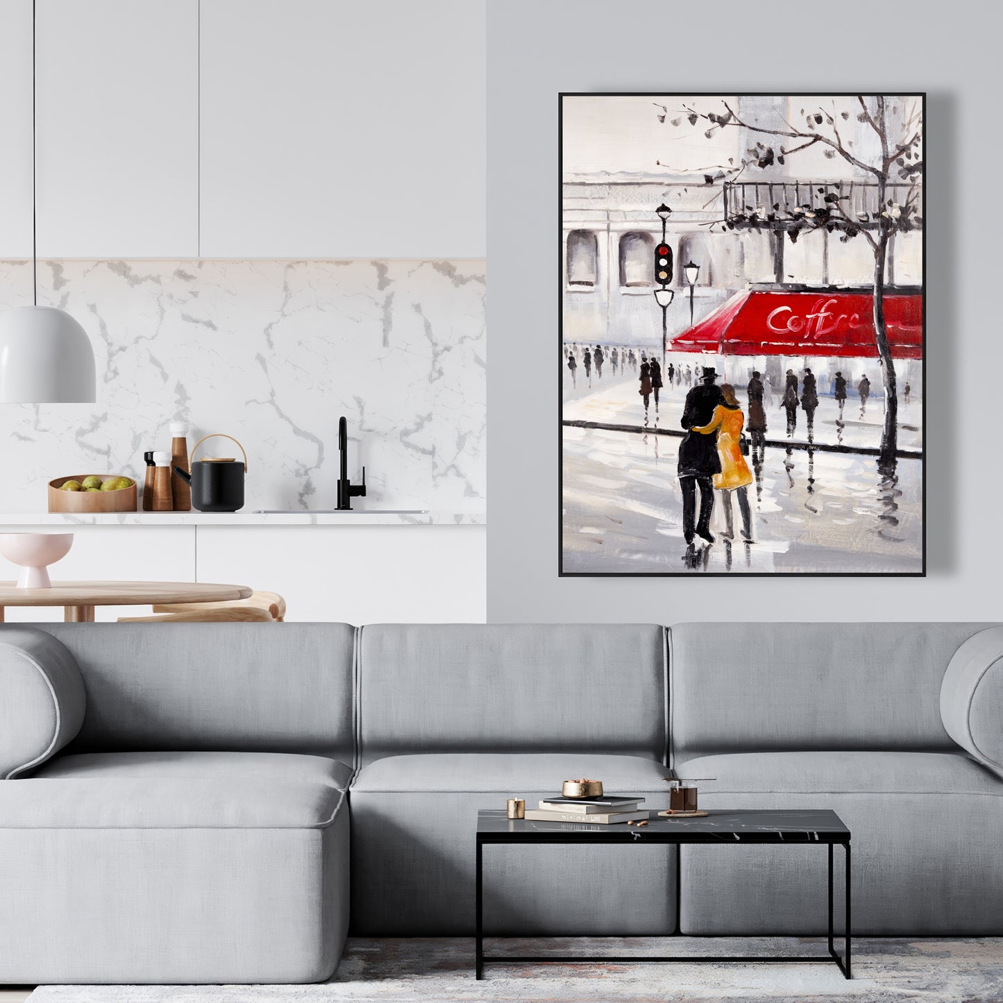 Couple marchant dans la rue sur toile bleue | Décoration murale pour chambre