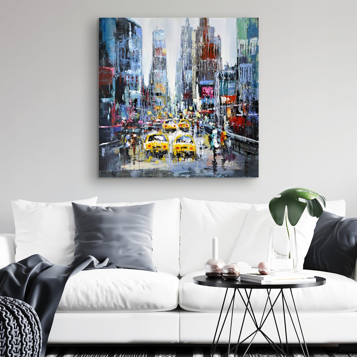 Contemporary Building Blue Canvas | Urban Scene with Yellow Taxis