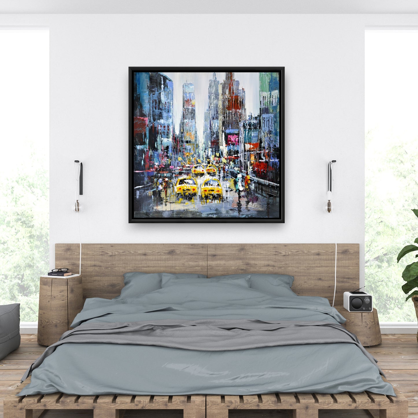 Scène urbaine avec taxis jaunes - Toile décorative encadrée bleue