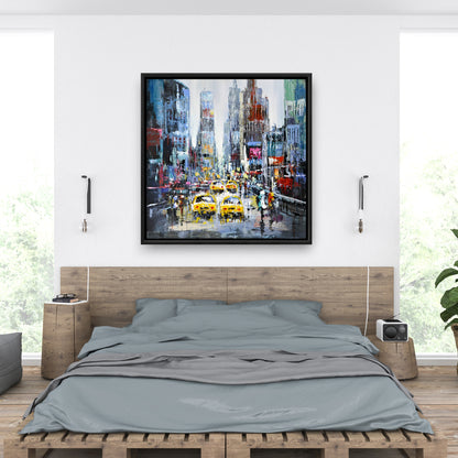 Scène urbaine avec taxis jaunes - Toile décorative encadrée bleue