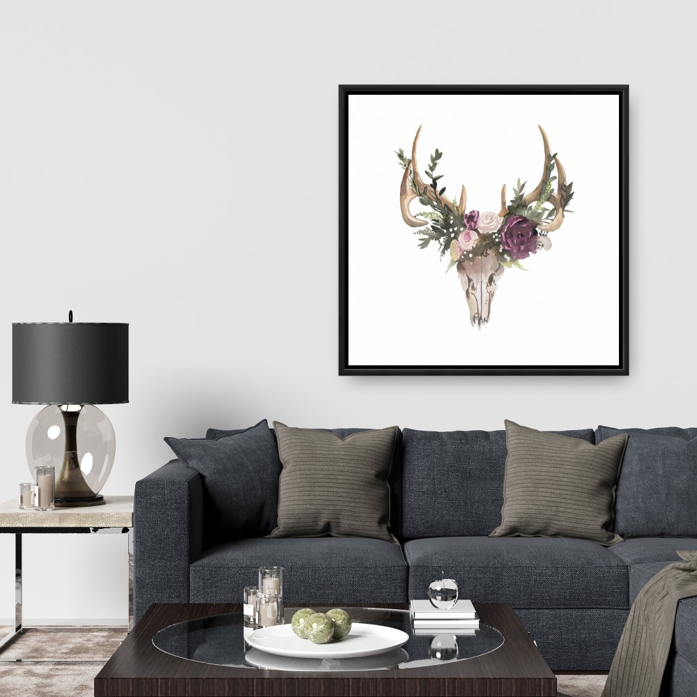 Rustic Deer Skull with Flowers Canvas | Bedroom Wall Decor