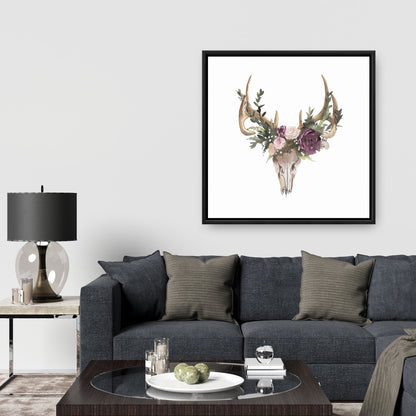 Rustic Deer Skull with Flowers Canvas | Bedroom Wall Decor