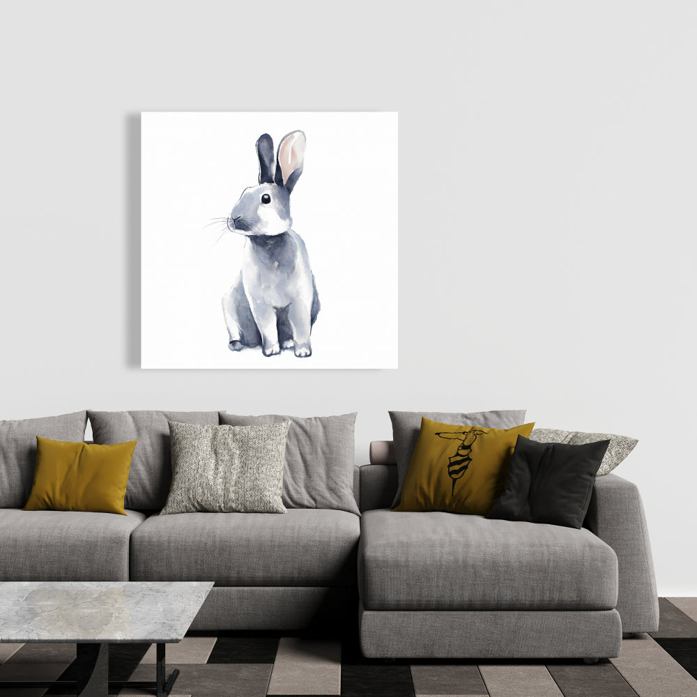 Toile Lapin gris curieux | Décoration animalière scandinave