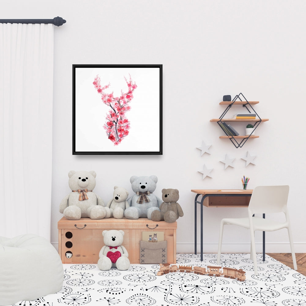 Toile rose « Cerf en fleurs de cerisier » | Décoration murale pour chambre