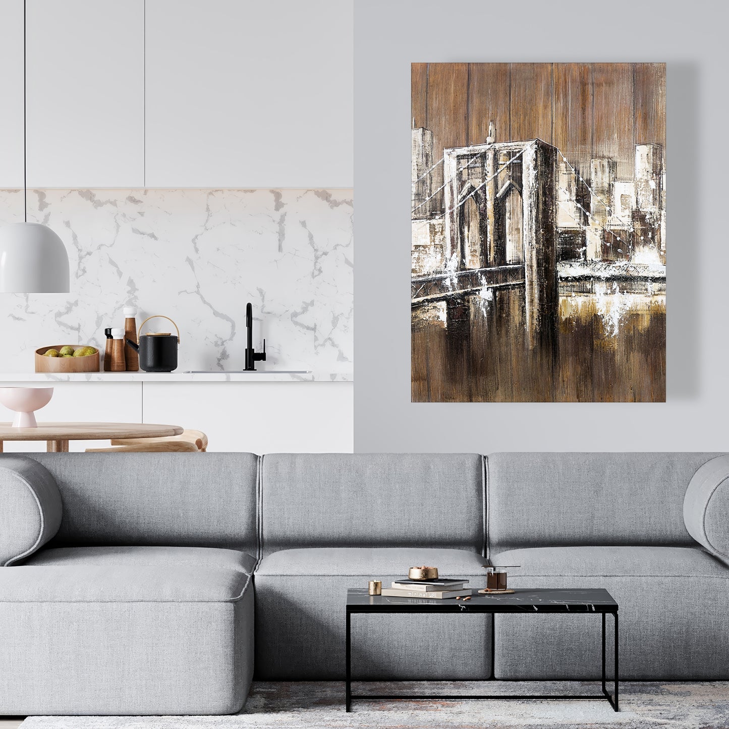 Aged Finish Brooklyn Bridge Canvas | Bedroom Decor - Brown