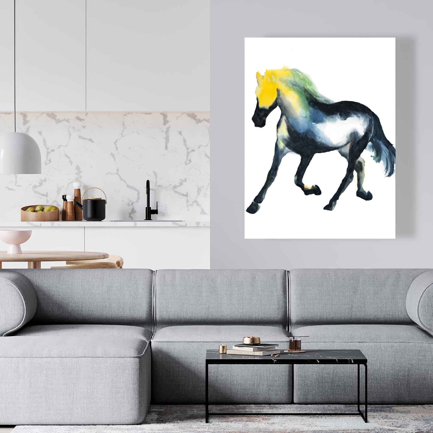 Cheval au galop, animaux de la ferme, toile bleue | Décoration d'intérieur