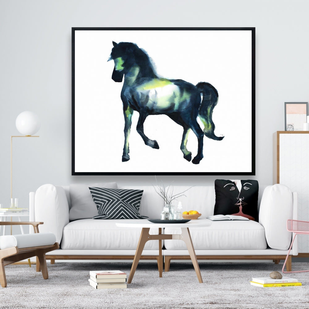 Toile encadrée élégante représentant un cheval bleu - Décoration d'intérieur avec animaux de la ferme