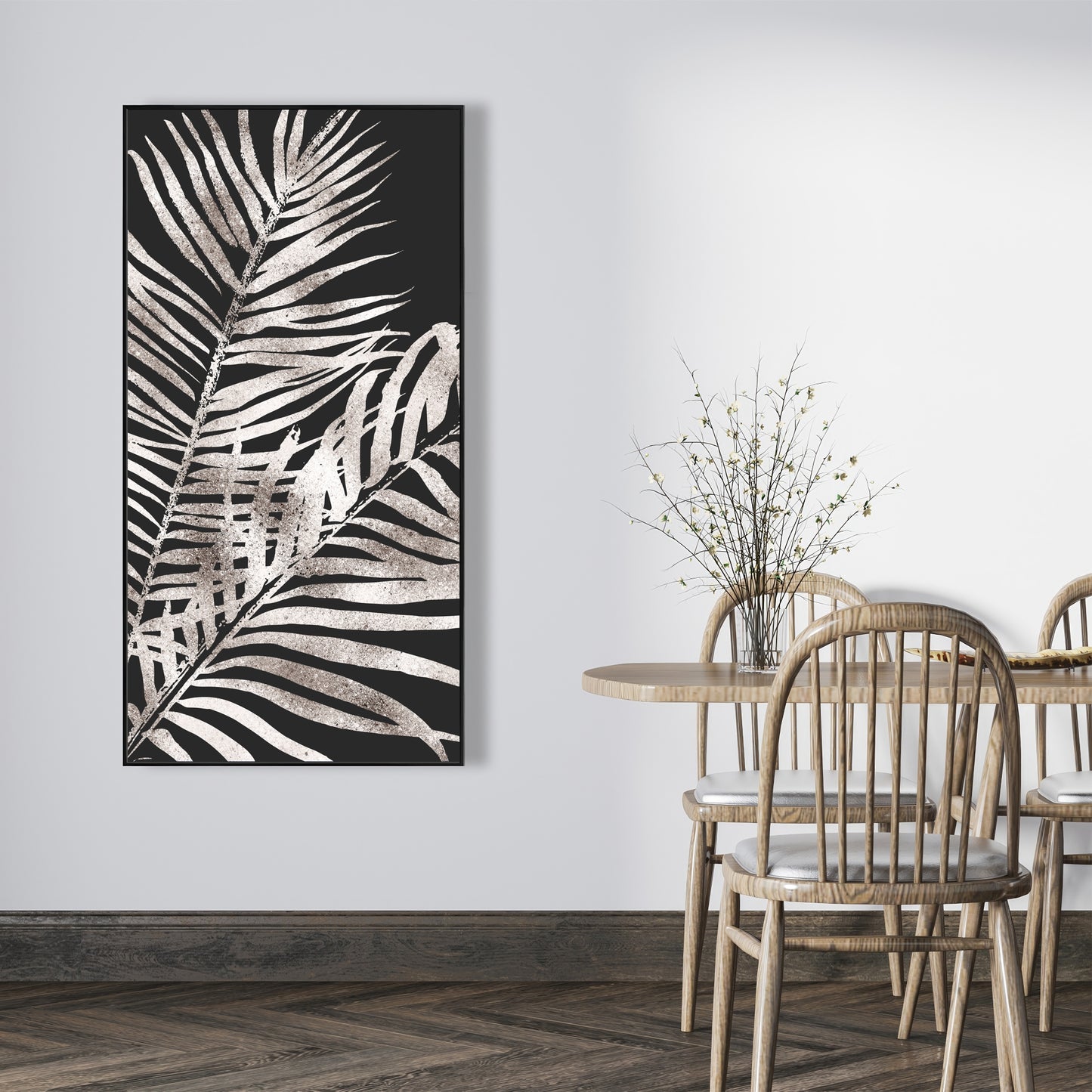 Toile botanique grise à feuilles tropicales dorées | Décoration de chambre