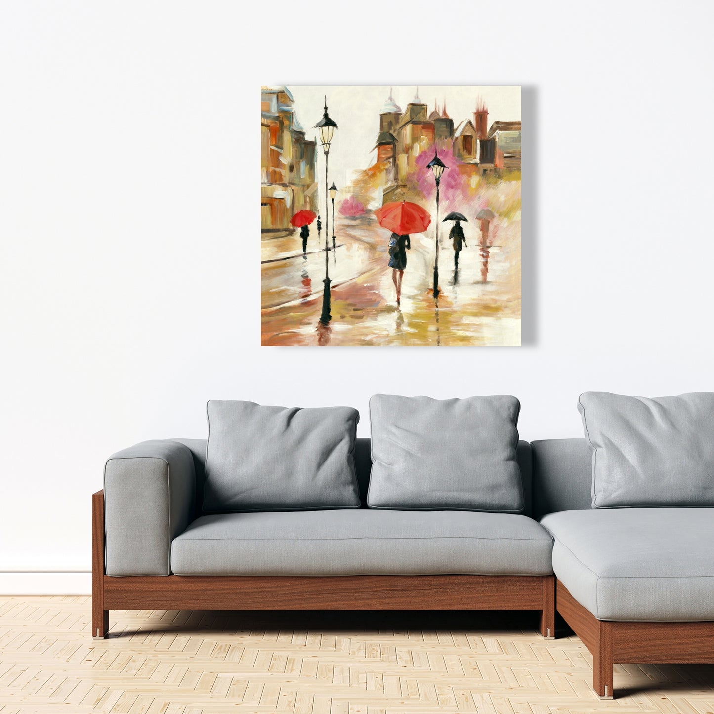 Red Contemporary Canvas - Passersby under Umbrellas Artwork