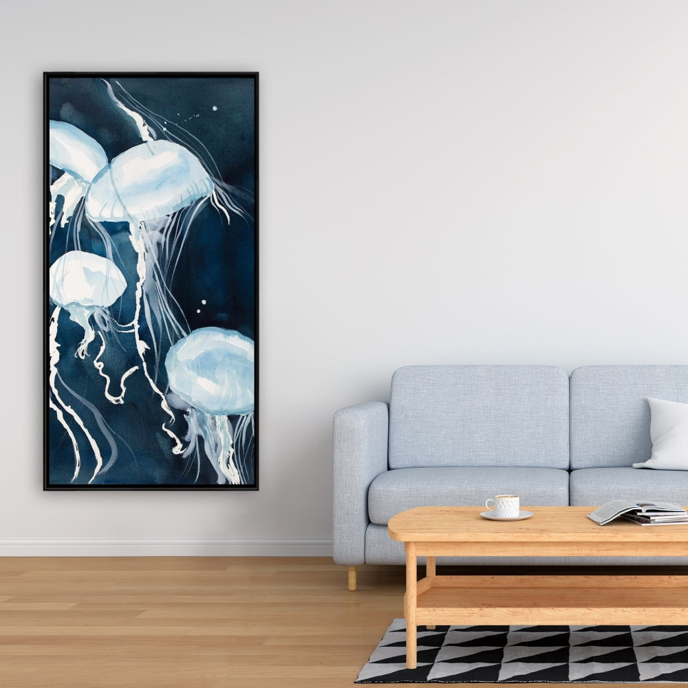 Toile décorative encadrée bleue représentant les animaux de la chambre de Méduse