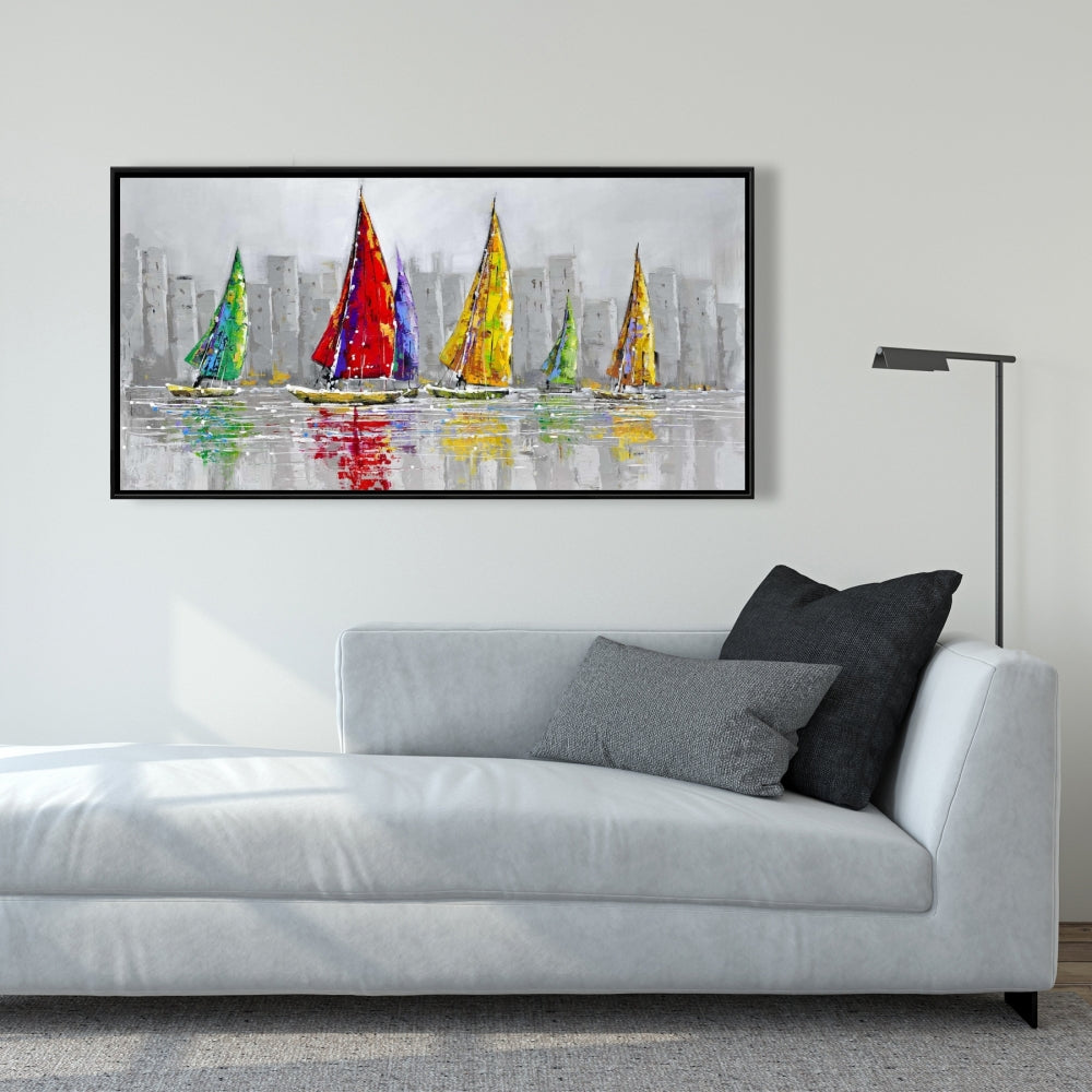 Voiliers au vent | Toile encadrée grise | Décoration d'intérieur