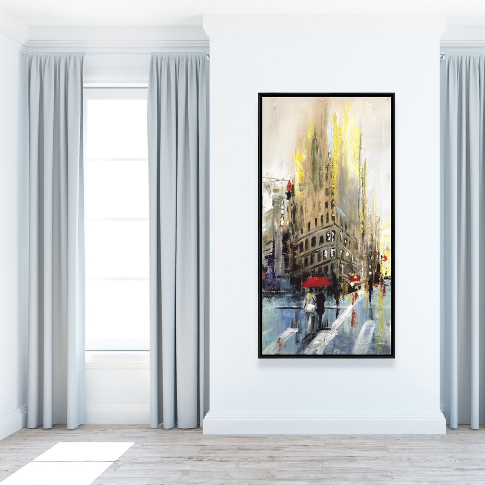 Toile beige abstraite « Rue pluvieuse » | Décoration de chambre urbaine