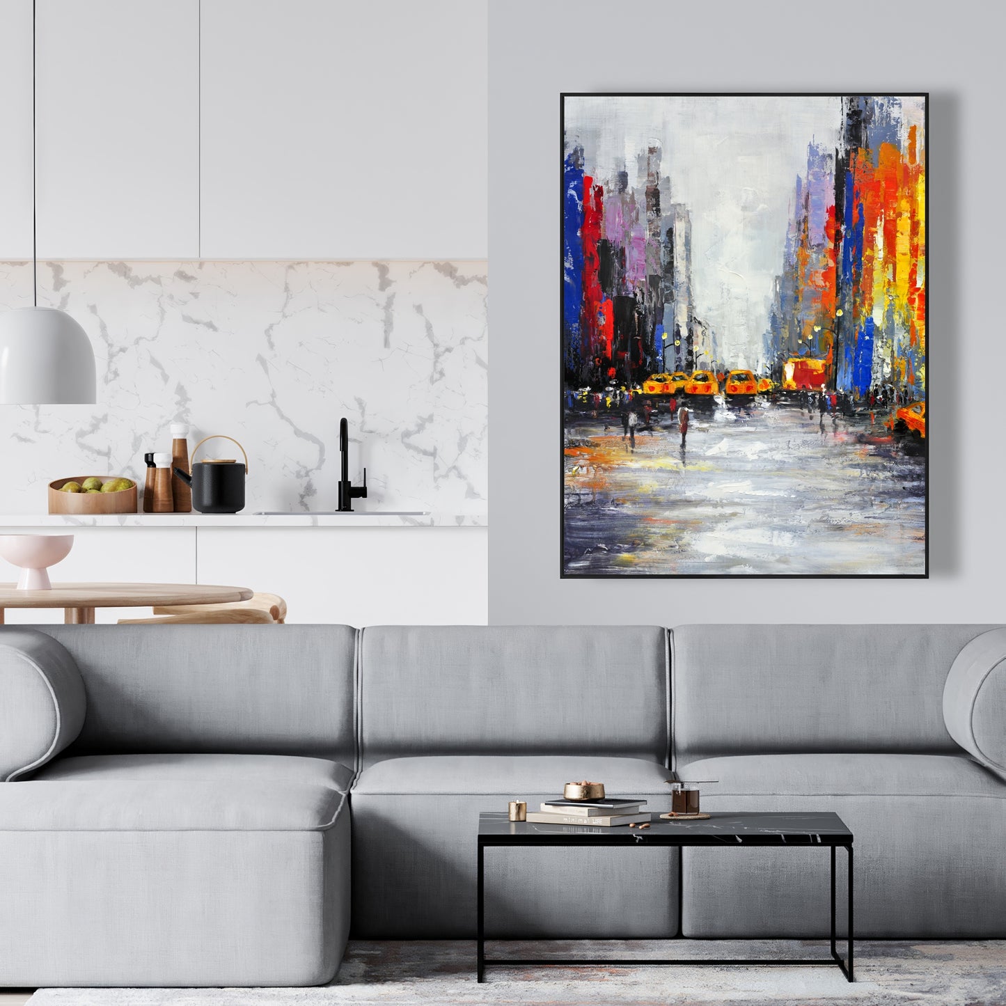 Blue Building Bedroom Canvas | Color Spotted Street with Taxis