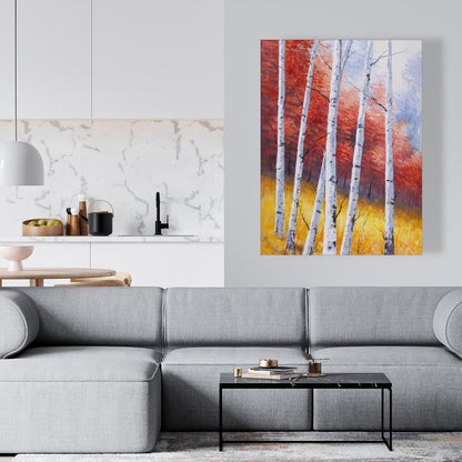 Toile Paysage d'automne - Décoration murale de chambre à coucher en bouleau jaune