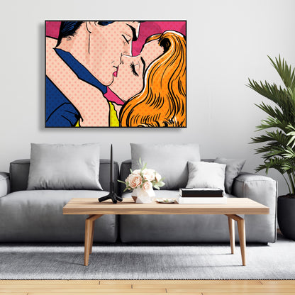 Toile de couple style Pop Art | Figurine de femme encadrée bleue